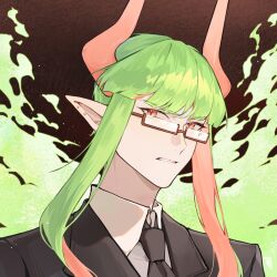  1boy black_necktie black_suit brown_background closed_mouth demon_boy demon_horns ear_piercing fire funamusea glasses green_fire haiiro_teien hashtag-only_commentary highres horns looking_at_viewer low_t male_focus necktie piercing pointy_ears rectangular_eyewear red_eyes semi-rimless_eyewear short_hair_with_long_locks solo suit teeth upper_body yosaflame_(funamusea) 