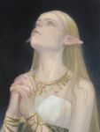  1girl bangs bare_shoulders blonde_hair closed_mouth collarbone commentary dress fingernails grey_background highres jewelry lips long_hair looking_up miaoyunyun necklace off-shoulder_dress off_shoulder own_hands_together parted_bangs pointy_ears praying princess_zelda simple_background solo the_legend_of_zelda upper_body white_dress 
