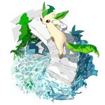  :3 animal_focus apios1 caustics closed_eyes day from_above full_body highres leafeon looking_back looking_up moss no_humans partially_submerged pokemon pokemon_(creature) spitting stairs swimming vaporeon walking water white_background 