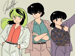  3girls arm_up belt black_eyes black_hair blue_pants blue_suit brown_pants brown_suit closed_mouth crossed_arms formal_clothes fujinami_ryuunosuke green_hair grey_background grey_pants grey_suit hands_in_pockets jacket long_hair looking_at_another lum mendako_da miyake_shinobu multiple_girls pants ponytail shirt short_hair signature simple_background smile suit suit_jacket urusei_yatsura yellow_eyes 