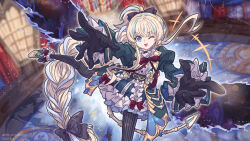  1girl ;d black_gloves black_pantyhose blonde_hair blue_eyes boots bow bowtie braid braided_ponytail carpet dated dress european_architecture fang frilled_boots frilled_dress frills gloves goth_fashion gothic_lolita hair_bow highres indoors lolita_fashion long_hair magic multicolored_hair nero_augustus one_eye_closed original panorama pantyhose portal_(object) reaching reaching_towards_viewer red_bow red_bowtie smile spread_legs twitter_username very_long_hair window 