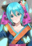  1girl animal_print bangs blue_eyes blue_hair blue_kimono butterfly_print closed_mouth collarbone eyebrows_visible_through_hair flower hair_between_eyes hair_flower hair_ornament hatsune_miku japanese_clothes kimono long_hair mohey_444 pink_flower shiny shiny_hair solo twintails upper_body vocaloid 