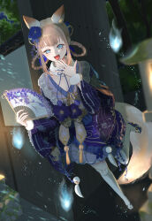  1girl absurdres against_wall alternate_color animal_ear_fluff animal_ears black_sandals blonde_hair blue_eyes blue_fire blue_flower blue_ribbon blunt_bangs braid braided_hair_rings choker crazy_eyes eyelashes fire flame_fox_(shining_nikki) floral_print flower folding_fan fox_ears fox_girl fox_tail full_body fur_choker fur_wrist_cuffs hair_flower hair_ornament hair_rings hand_fan hand_on_own_chin highres hitodama holding holding_fan japanese_clothes kimono kimono_dress kohanai_setsuna lace-trimmed_skirt lace-trimmed_sleeves lace_trim lantern leg_up light_particles long_sleeves miniskirt neck_ribbon night night_sky nikki_(series) okobo outdoors over-kneehighs pansy platform_sandals pleated_skirt pom_pom_(clothes) poppy_(flower) purple_flower purple_kimono purple_skirt ribbon sandals shining_nikki short_hair sidelocks skirt skirt_under_dress sky socks solo standing tabi tail tassel thigh-highs tree white_choker white_socks white_wrist_cuffs wide_sleeves wrist_cuffs 
