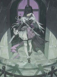  1girl absurdres arknights asymmetrical_dual_wielding bandolier belt black_gloves black_jacket black_shoes capelet chinese_commentary commentary cross_scar dual_wielding duoyu_zhuan_qing front-seamed_legwear gloves gun hair_intakes handgun head_wings highres holding holding_gun holding_sword holding_weapon irene_(arknights) jacket long_hair long_sleeves pantyhose pink_eyes pink_ribbon pink_skirt puddle puffy_long_sleeves puffy_sleeves rain rapier reverse_grip ribbon scar scar_across_eye scar_on_face seamed_legwear shadow shoes skirt sleeve_cuffs slit_pupils solo stone_floor stone_wall sword weapon white_capelet white_hair white_pantyhose white_skirt white_sleeve_cuffs window wings 