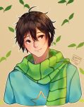  1boy artist_name bangs blue_shirt brown_background brown_eyes brown_hair character_request closed_mouth commentary cropped_torso dated english_commentary green_scarf hair_between_eyes kobutanori male_focus offlinetv scarf shirt simple_background smile solo star_(symbol) upper_body 