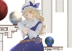  1girl absurdres blonde_hair bow breasts closed_mouth collared_shirt commentary dress earth_(ornament) hat hat_bow highres large_breasts long_hair long_sleeves moon_(ornament) no_noru purple_bow purple_dress shirt single_strap smile solo touhou underworld_(ornament) very_long_hair watatsuki_no_toyohime white_hat white_shirt wide_sleeves 