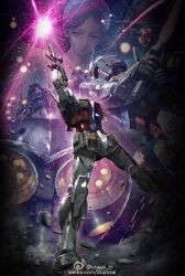  1girl a_baoa_qu artist_request asteroid battle beam_cannon beam_rifle bindi copyright_notice damaged debris duel energy_beam energy_gun finger_cannon firing glowing gundam headless highres lalah_sune machinery mecha missing_limb mobile_suit mobile_suit_gundam realistic robot rx-78-2_gundam scene_reference science_fiction serious thrusters v-fin weapon zeon zeong 