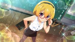  1girl artist_request bespectacled black_hairband black_pantyhose black_skirt blonde_hair chalkboard classroom game_cg glasses hairband highres higurashi_no_naku_koro_ni higurashi_no_naku_koro_ni_mei houjou_satoko looking_at_viewer non-web_source official_art pantyhose pencil_skirt red-framed_eyewear semi-rimless_eyewear shirt skirt sleeveless smile solo sparkle teacher violet_eyes white_shirt 