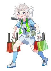  1girl bag blue_eyes blue_ribbon blue_shirt blue_socks braid comiket_106 full_body gakuen_idolmaster grey_hair grey_shoes hair_ribbon half_up_braid highres holding holding_bag idolmaster kamille_(vcx68) katsuragi_lilja kneehighs open_mouth overall_skirt overalls ribbon ribbon_braid shirt shoes shopping_bag short_hair short_sleeves shoulder_bag simple_background smile sneakers socks solo white_background white_overalls 