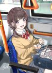  1girl :d absurdres bag bangs blue_skirt blush bow bowtie brown_cardigan brown_hair bus bus_interior cardigan commentary_request ground_vehicle hand_grip highres long_hair looking_at_viewer low_twintails motor_vehicle open_mouth original plaid plaid_scarf red_bow red_bowtie scarf school_bag school_uniform signature sitting skirt smile soragane_(banisinngurei) teeth twintails upper_teeth violet_eyes 