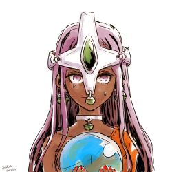  1girl 2023 :| alternate_eye_color artist_name asymmetrical_dress circlet closed_mouth crystal_ball dark-skinned_female dark_skin dated dot_16bit dragon_quest dragon_quest_iv dress earrings expressionless forehead_jewel gem green_gemstone helmet highres holding_orb jewelry large_hat lipstick long_hair long_sleeves looking_at_viewer makeup minea_(dq4) nail_polish neck_ring orange_dress oversized_hat purple_hair red_lips red_nails silver_circlet single_bare_shoulder single_sleeve solo sphere_earrings sweatdrop upper_body violet_eyes 