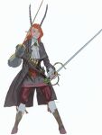  ascot borrowed_character brooch closed_mouth dagger dual_wielding fighting_stance full_body highres holding holding_sword holding_weapon horns jewelry knife legs_apart long_hair long_horns mossacannibalis orange_hair original pants pointy_ears rapier red_pants simple_background smile solo sword weapon white_ascot white_background yellow_eyes 