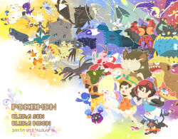  2boys 2girls :o ^_^ alolan_raticate backpack bag blacephalon black_bag black_shirt blonde_hair blue_shirt bracelet bright_pupils buzzwole celesteela chibi clenched_teeth closed_eyes closed_mouth commentary_request copyright_name cosmog dark-skinned_male dark_skin dated elio_(pokemon) flower food green_hair gumshoos guzzlord hand_on_headwear hat hau_(pokemon) highres holding holding_food jewelry kartana kommo-o lillie_(pokemon) litten long_hair lunala lurantis lycanroc lycanroc_(dusk) malasada mantine multiple_boys multiple_girls naganadel necrozma necrozma_(normal) nostrils open_mouth orange_bag orange_shirt pheromosa pink_bag pink_flower poipole pokemon pokemon_(creature) pokemon_usum ponytail popplio red_eyes red_hat red_shoes rotom rotom_dex rowlet running salazzle samsung_(yuzuikka) selene_(pokemon) sharp_teeth shirt shoes short_hair short_sleeves shorts skirt sleeveless sleeveless_shirt smile solgaleo stakataka starter_pokemon_trio straw_hat teeth vikavolt white_pupils white_shirt white_shoes white_shorts white_skirt wishiwashi wishiwashi_(school) xurkitree yellow_shorts 
