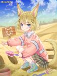  1girl :t animal_ears bangs blonde_hair blue_eyes blue_sky blush bucket closed_mouth clouds cloudy_sky collared_shirt copyright_request day desert dress_shirt eyebrows_visible_through_hair fox_ears fox_girl fox_tail frilled_shirt_collar frills green_footwear hair_between_eyes hair_ornament holding long_sleeves looking_at_viewer outdoors pink_shirt plaid plaid_skirt pleated_skirt pout puffy_long_sleeves puffy_sleeves purple_skirt ribbed_legwear sand sand_sculpture shirt shoes short_hair sign skirt sky sleeves_past_wrists socks solo squatting tail tears trowel v-shaped_eyebrows x_hair_ornament yuuki_rika 