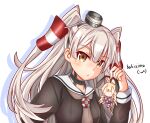  1girl amatsukaze_(kancolle) brown_dress brown_eyes brown_neckerchief character_doll commentary_request dress hair_tubes highres kantai_collection koutetunamekuji lifebuoy_ornament long_hair looking_at_viewer neckerchief sailor_collar sailor_dress shimakaze_(kancolle) simple_background smokestack_hair_ornament solo twitter_username two_side_up upper_body white_background white_hair white_sailor_collar 