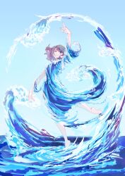  1girl absurdres armpit_peek barefoot blue_background blue_eyes blush brown_hair dancing dms dress expressionless feet full_body grey_hair hand_up head_tilt highres implied_nudity kicking looking_to_the_side looking_up love_live! love_live!_sunshine!! ocean open_mouth outdoors pointing short_hair simple_background sky solo splashing standing watanabe_you water water_clothes water_dress waves wavy_hair white_background wide_shot 