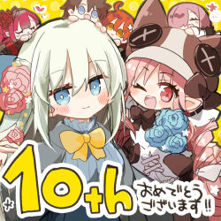  1boy 5girls baobhan_sith_(celebratory_attire)_(fate) baobhan_sith_(fate) black_hair blue_eyes blush closed_eyes fate/grand_order fate_(series) flower fujimaru_ritsuka_(female) fujimaru_ritsuka_(male) habetrot_(celebratory_attire)_(fate) habetrot_(fate) hair_between_eyes long_hair looking_at_viewer mash_kyrielight morgan_le_fay_(a_break_in_the_rainy_season)_(fate) morgan_le_fay_(fate) multiple_girls open_mouth orange_eyes orange_hair pink_eyes pink_hair pointy_ears ponytail shio_kuzumochi short_hair smile very_long_hair white_hair 