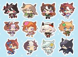  6+girls :3 :d absurdres aiguillette animal_ears arms_at_sides ascot belt black_boots black_dress black_hair black_headband black_shoes black_shorts black_thighhighs blue_background blue_boots blue_bow blue_dress blue_eyes blush_stickers boots bow braid brown_boots brown_gloves brown_hair brown_skirt cape chibi chibi_only closed_mouth clothing_cutout coat crown curren_chan_(umamusume) detached_sleeves diamond_(shape) dot_mouth dot_nose double-parted_bangs dress ear_ornament ear_ribbon earrings epaulettes flower frilled_sleeves frills gloves green_dress green_necktie green_shorts green_skirt grey_hair hair_between_eyes hair_flower hair_ornament half-closed_eyes hand_on_own_cheek hand_on_own_face hand_on_own_hip hand_on_own_thigh hat headband highres horse_ears horse_girl horse_tail jacket jewelry kitasan_black_(umamusume) kouhaku_nawa long_hair long_sleeves looking_at_viewer manhattan_cafe_(umamusume) meisho_doto_(umamusume) mejiro_ryan_(umamusume) mini_crown multicolored_eyes multicolored_hair multiple_girls necktie one_eye_closed one_eye_covered open_clothes open_jacket outline pink_ascot pink_bow pink_cape pink_dress pink_eyes pink_hat pink_headband pleated_skirt ponytail puffy_sleeves red_bow red_cape red_eyes red_shoes ribbon rope satono_diamond_(umamusume) seiun_sky_(umamusume) shimenawa shoes short_hair shorts sidelocks simple_background single_earring single_epaulette skirt sleeves_past_fingers sleeves_past_wrists smile sparkle standing standing_on_one_leg star_(symbol) streaked_hair striped_clothes striped_dress sugarllemon super_creek_(umamusume) sweatdrop symboli_rudolf_(umamusume) t.m._opera_o_(umamusume) taiki_shuttle_(umamusume) tail thigh-highs tokai_teio_(umamusume) trench_coat two-tone_eyes two-tone_hair umamusume very_long_hair violet_eyes white_ascot white_boots white_dress white_gloves white_hair white_outline white_shoes white_streaks wrist_cuffs yellow_boots yellow_eyes yellow_flower yellow_necktie 