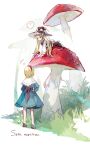  2girls =3 ? alice_margatroid blonde_hair blue_dress capelet dress grass hairband hat highres kirisame_marisa long_hair multiple_girls mushroom sate_usazirou short_hair spoken_question_mark touhou witch_hat 