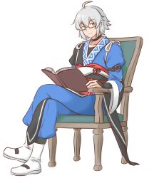  1boy ahoge arm_belt armchair belt belt_buckle black-framed_eyewear black_belt black_choker book bright_pupils buckle chair choker closed_mouth collarbone commentary_request crossed_legs full_body glasses grey_hair holding holding_book long_sleeves looking_at_viewer male_focus mizusoba morichika_rinnosuke on_chair open_book semi-rimless_eyewear short_hair simple_background sitting sleeve_garter solo split_mouth touhou under-rim_eyewear white_background white_pupils yellow_eyes 