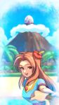  1girl absurdres beach blue_dress blue_sky brown_eyes brown_hair clouds dress egg hand_grab highres jewelry looking_at_viewer marin_(the_legend_of_zelda) mountain necklace palm_tree pov sky smile takapon-o-ji the_legend_of_zelda the_legend_of_zelda:_link&#039;s_awakening tree 