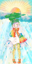  1girl animal_hood bad_id bad_pixiv_id belt belt_buckle blue_sky blunt_bangs blush_stickers boots bored bow bowtie brooch buckle buttons clouds commentary_request day dot_nose dress frog_hood full_body green_belt green_eyes green_hood hair_through_hood highres holding holding_umbrella hood jewelry jitome leaf_umbrella light_blush light_frown long_hair long_sleeves looking_at_viewer medium_dress miracle_nikki multicolored_sleeves nikki_(series) open_mouth orange_boots orange_bow orange_bowtie outdoors pabo pantyhose pink_hair pleated_dress polka_dot polka_dot_pantyhose rain rainbow shoe_belt sky solo standing straight-on stylist_(nikki) sun sun_symbol sunlight umbrella white_dress wide_sleeves yellow_pantyhose 