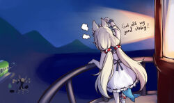  2girls absurdres animal_ear_fluff animal_ears arm_up bare_arms beach bubbles_(dooby) cat_ears commentary dooby_(vtuber) dreamplanes dress english_commentary english_text fins fish_tail highres indie_virtual_youtuber kippu_(dooby) lifebuoy_hair_ornament lighthouse long_hair low_twintails microphone_stand mountainous_horizon multiple_girls outdoors puff_of_air railing sameko_saba scrunchie sleeveless sleeveless_dress tail train twintails very_long_hair virtual_youtuber white_dress wrist_scrunchie 