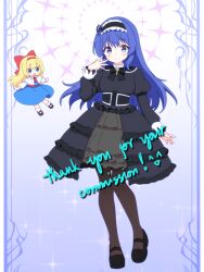  2girls alice_margatroid alice_margatroid_(cosplay) ascot black_bow black_bowtie black_dress black_hairband black_shoes blonde_hair blue_dress blue_eyes blue_hair blush bnelsey bow bowtie brown_pantyhose capelet closed_mouth commentary commission cosplay doll dress elica_margatroid_(gunarmdyne) english_commentary english_text frilled_dress frilled_hairband frills full_body hair_bow hairband juliet_sleeves long_hair long_sleeves looking_at_viewer mary_janes multiple_girls open_mouth original pantyhose puffy_sleeves red_ascot red_bow shanghai_doll shoes smile touhou very_long_hair white_capelet 