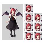  1girl angry bat_wings black_footwear black_legwear black_skirt black_vest border breasts character_name closed_eyes closed_mouth collared_shirt demon_wings expression_chart grey_background grey_border hand_on_own_chest head_wings highres hoshiringo0902 juliet_sleeves koakuma lips loafers long_hair long_sleeves necktie open_mouth pantyhose puffy_sleeves red_eyes red_necktie redhead sad shirt shoes simple_background skirt small_breasts smile solo surprised touhou v-shaped_eyebrows vest white_shirt wings 