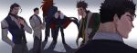  bare_pectorals berserk black_hair cape cape_lift character_request closed_eyes coat collar collared_cape collared_coat collared_jacket collared_shirt darius_(league_of_legends) ear_piercing earrings facial_tattoo falloutbart formal gloves guts_(berserk) hand_in_pocket highres jacket jayce_(league_of_legends) jewelry league_of_legends long_hair looking_at_viewer looking_back looking_to_the_side male_focus manly mature_male multiple_boys muscular muscular_male necktie pants pectorals piercing pointy_ears ponytail redhead ring scar scar_on_face scar_on_nose shirt short_hair smirk spiky_hair suit sylas_(league_of_legends) tattoo teeth undercut 