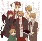  alternate_costume alternate_hair_color america_(hetalia) angel angel_wings axis_powers_hetalia bad_food belt cape child dark_persona demon_boy demon_tail floating green_cape hand_on_another&#039;s_shoulder hat holding holding_tray hood hooded_cape i_heart... male_focus multiple_persona natsumegu_512 nervous pirate pirate_hat scone smile sweatdrop tail thick_eyebrows tray united_kingdom_(hetalia) white_background wings younger 