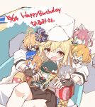  6+girls birthday blonde_hair blush brown_gloves brown_skirt character_doll character_request copyright_request doll doll_hug english_text eyebrows_visible_through_hair fingerless_gloves fur_hat girls_frontline gloves happy_birthday hat highres matsuo_(matuonoie) medium_hair multiple_girls nagant_revolver_(girls&#039;_frontline) object_hug open_mouth ppd-40_(girls&#039;_frontline) red_eyes shirt simple_background skirt white_shirt 