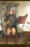  1girl absurdres blue_hair book boots cross-laced_footwear highres holding holding_book horns knee_boots lace-up_boots long_sleeves penglai_tea reading short_hair signature sitting solo tokiko_(touhou) touhou tree wide_sleeves yellow_eyes 