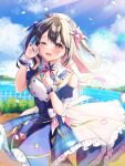  1girl absurdres anzu_1026 bangs black_hair blurry blurry_background character_request clouds copyright_request day dress hands_up highres long_hair looking_at_viewer one_eye_closed open_mouth petals pink_eyes short_dress short_sleeves sky solo two_side_up 
