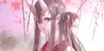  1girl bangs blurry blurry_foreground brown_hair cherry_blossoms chiyo_(genshin_impact) closed_mouth genshin_impact hair_between_eyes hair_over_shoulder horns looking_at_viewer midfinger multicolored_hair oni_horns pointy_ears red_eyes redhead solo streaked_hair 