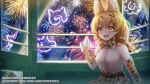  1girl animal_ear_fluff animal_ears blonde_hair cat_ears cat_tail copyright elbow_gloves extra_ears ferris_wheel fireworks game_cg gloves kemono_friends looking_at_viewer menna_(0012) neck_ribbon open_mouth ribbon serval_(kemono_friends) shirt skirt sleeveless sleeveless_shirt smile solo standing tail yellow_eyes 