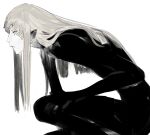  1boy bangs black_bodysuit bodysuit closed_mouth feet_out_of_frame from_behind from_side frown grey_hair hand_on_own_thigh highres long_hair male_focus one_knee original pointy_ears profile sidelocks simple_background solo straight_hair toduring white_background 