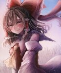  1girl absurdres annin_cha ascot bare_shoulders blush bow brown_hair collar detached_sleeves floating_hair hair_bow hair_tubes hakurei_reimu happy_tears highres long_hair looking_at_viewer simple_background solo tears touhou upper_body violet_eyes 