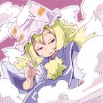  blonde_hair blue_dress colored_eyelashes d@i dress fox_tail half-closed_eyes hat looking_to_the_side multiple_tails pillow_hat pom_pom_(clothes) sketch smoke solo tabard tail touhou wide_sleeves yakumo_ran 