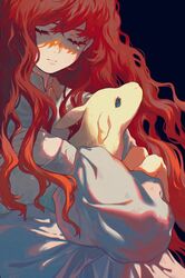  animal animal_hug bangs black_background blue_eyes closed_eyes closed_mouth copyright_request dappled_sunlight eyelashes facing_viewer highres long_hair long_sleeves puffy_long_sleeves puffy_sleeves sheep simple_background sunlight upper_body wavy_hair wulie_errr 