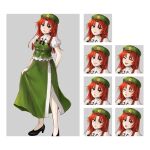  1girl :d angry bangs beret black_footwear blue_eyes braid character_name chinese_clothes closed_eyes closed_mouth commentary_request copyright_name embodiment_of_scarlet_devil expression_chart eyelashes full_body green_headwear green_skirt green_vest hat hat_ornament high_heels highres hong_meiling hoshiringo0902 lipstick long_hair makeup open_mouth parted_bangs redhead sad side_braid skirt skirt_hold smile solo star_(symbol) star_hat_ornament surprised touhou twin_braids v-shaped_eyebrows vest 