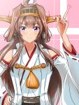  1girl absurdres ahoge blush brown_hair closed_mouth detached_sleeves doradorazz double_bun eyebrows_visible_through_hair hair_bun hand_up headgear heart highres index_finger_raised kantai_collection kongou_(kancolle) kongou_kai_ni_(kancolle) long_hair looking_at_viewer nontraditional_miko one-hour_drawing_challenge ribbon-trimmed_sleeves ribbon_trim smile solo twitter_username upper_body violet_eyes 