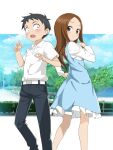  1boy 1girl bangs black_eyes black_hair black_pants blue_dress blush brown_eyes brown_hair closed_mouth collared_shirt commentary dress feet_out_of_frame forehead highres karakai_jouzu_no_takagi-san letterboxed long_hair long_sleeves looking_at_another looking_at_viewer nishikata nyoro_(nyoronyoro000) open_mouth outside_border pants parted_bangs shirt short_hair short_sleeves smile takagi-san white_shirt 