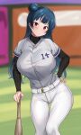  1girl ass_visible_through_thighs bangs baseball_bat baseball_cap baseball_uniform belt black_shirt blurry blurry_background blush breasts closed_mouth green_hair hair_bun hand_on_hip hat highres large_breasts layered_shirt leaning leaning_on_object leaning_to_the_side long_hair long_sleeves looking_at_viewer love_live! love_live!_sunshine!! outdoors pants shirt solo sportswear standing tem10 thigh_gap tsushima_yoshiko uniform violet_eyes white_belt white_pants 