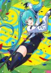  1girl absurdres asymmetrical_bodysuit asymmetrical_clothes blue_eyes blue_hair bodysuit boots confetti crop_top crop_top_overhang cropped_jacket flagpole hatsune_miku highres holding holding_pole itou_kazuki long_hair long_sleeves open_mouth pole racing_miku racing_miku_(2022) single_pantsleg single_thigh_boot smile solo thigh_boots twintails vocaloid 