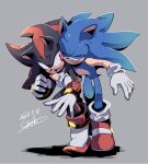  2boys artist_name black_fur blue_fur bracelet closed_eyes gareki_sh gauntlets gloves hug jewelry looking_at_another male_focus multicolored_fur multiple_boys open_mouth pointy_nose red_eyes red_fur shadow_the_hedgehog shoes signature sonic_(series) sonic_the_hedgehog spiky_hair teeth tongue 