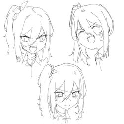  +_+ 1girl angry choker chukibabo2 closed_mouth expressions eyebrows_visible_through_hair eyes_visible_through_hair face grey_background hair_between_eyes highres multiple_views open_mouth original side_ponytail simple_background sketch smile tearing_up teeth tongue upper_body upper_teeth 