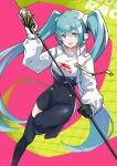  1girl absurdres asymmetrical_bodysuit asymmetrical_clothes black_gloves bodysuit breasts covered_navel cropped_jacket flagpole gloves green_gloves hatsune_miku high_collar highres holding holding_pole itou_kazuki knee_up long_sleeves medium_breasts pole racing_miku racing_miku_(2022) single_pantsleg single_thighhigh solo thigh-highs two-tone_gloves vocaloid 