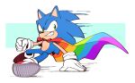  1boy alyrian blue_fur cape clenched_hand gloves hand_on_floor looking_to_the_side male_focus pointy_nose rainbow rainbow_flag running shoes smirk solo sonic_(series) sonic_the_hedgehog spiky_hair teeth 