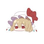  1girl bangs blonde_hair blush bow chibi eyebrows_visible_through_hair flandre_scarlet hair_between_eyes hat highres jitome looking_at_viewer mob_cap no_mouth r_utchi red_eyes simple_background solo touhou white_background white_headwear wings 